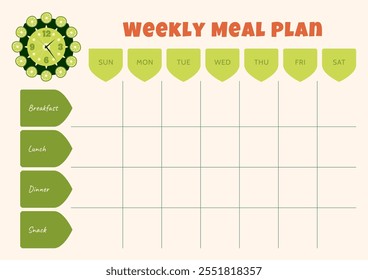 Weekly meal planner template with a decorative element in the form of a clock with lime slices around the dial. Horizontal A4 format.