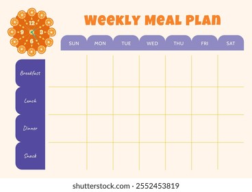 Weekly meal planner template with a decorative element in the form of a clock with orange slices around the dial. Horizontal A4 format.