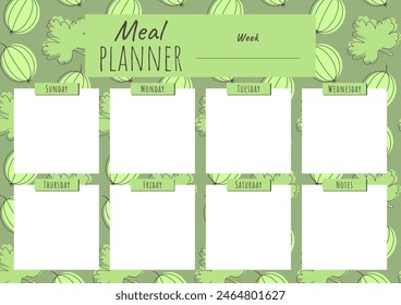 Weekly meal planner template with a pattern of berries and gooseberry leaves for A4 sheet format. Horizontal arrangement