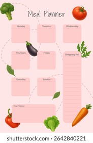 Modelo semanal de planejador de refeições com lista de compras e legumes bonitos desenhados à mão. Formato A4, estilo pastel, perfeito para impressão, organização de refeições e planejamento de supermercado.