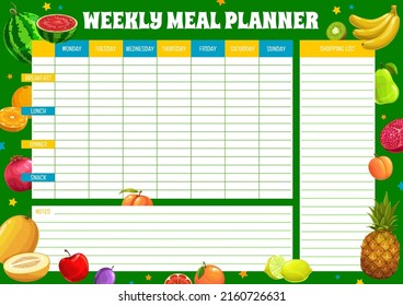 Weekly Meal Planner With Tropical Fruits. Vector Timetable, Week Food Plan Organizer. Calendar Menu For Breakfast, Lunch, Dinner Or Snack With Watermelon, Orange, Apple And Garnet, Melon, Banana, Pear