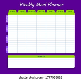 Weekly meal planner, vector food plan for week. Calendar menu for breakfast, lunch, dinner and snack with shopping list for grocery purchases. Diary template for housewife duties, dieting timetable