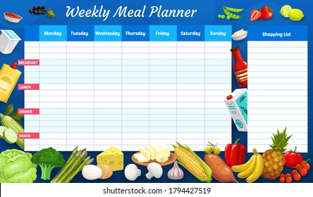 Weekly Meal Planner, Vector Timetable, Week Food Plan Organizer With Farm And Dairy Products. Calendar Menu With Shopping List For Grocery Purchases. Meal Diary Template For Personal Weekly Dieting