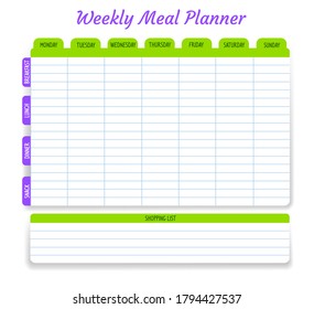 Weekly meal planner, vector timetable, week food plan organizer. Calendar menu for breakfast, lunch, dinner and snack with shopping list for grocery purchases. Diary template for personal dieting