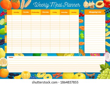 Weekly meal planner, vector timetable, week food plan organizer. Calendar menu for breakfast, lunch, dinner and snack with shopping list for grocery purchases. Diary template for personal dieting