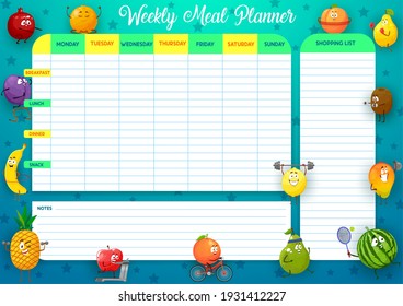 Weekly meal planner, vector timetable, week food plan organizer with cartoon sportsmen fruits characters. Calendar menu with shopping list for grocery purchases. Diary template for personal dieting