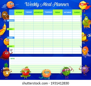 Weekly Meal Planner, Vector Timetable With Cartoon Superhero Fruits Characters. Week Food Plan Organizer, Calendar Menu With Space For Notes. Diary Template For Personal Dieting With Funny Fruits