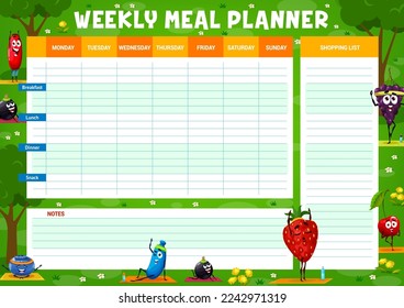 Planificador semanal de comidas, horario vectorial con bayas de dibujos animados sobre yoga y fitness en campo verde. Planilla de diario de alimentación con bayas, curry negro, mora de miel o fresa, arándano, uva y cerezo