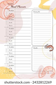 Weekly meal planner. Vertical vector page template A4 format. Meal planning and grocery, shopping list.