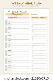 Weekly Meal Planner verticsl printable template. Meal planning and grocery, shopping list. Healthy meal plan for diet and food. Vector template.