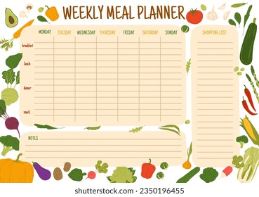 Weekly meal schedule with harvest raw vegetables. Vector week planner, food plan with raw farm vegetables. Calendar menu with shopping list. Dieting diary timetable template with fresh veggies - Powered by Shutterstock - Get 15% off with code: PIKWIZARD15