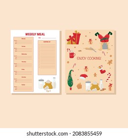 Weekly meal and shopping list card with Christmas illustration. Vector stock illustration isolated on background for template design cook book. You can print file - USA letter. EPS10