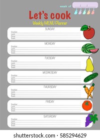 Weekly menu planner vector template with fruits and vegetables elements Lets cook