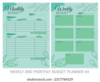 Der wöchentliche und monatliche Budgetplaner im A4-Format. Finanzplaner. Finanzen, Erträge und Aufwendungen.