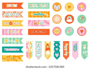 Weekly, monthly or daily planner note paper sticker with to-do list, memo notice, trendy badge vector illustration. Isolated set of decorative sticky label for schedule notebook and event calendar