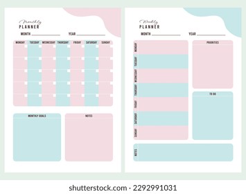 Weekly, monthly planner template. Set of planners and to do list, template for agenda, planners, checklists, notebooks, schedule