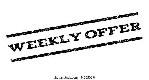 Weekly Offer watermark stamp. Text tag between parallel lines with grunge design style. Rubber seal stamp with scratched texture. Vector black color ink imprint on a white background.