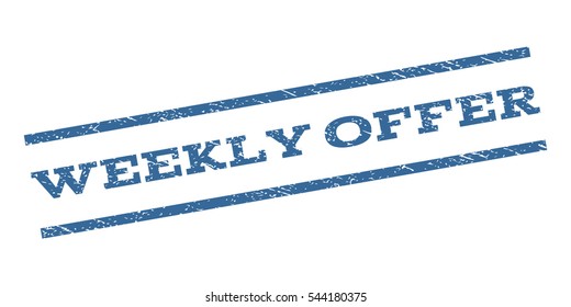 Weekly Offer watermark stamp. Text tag between parallel lines with grunge design style. Rubber seal stamp with dirty texture. Vector cobalt blue color ink imprint on a white background.
