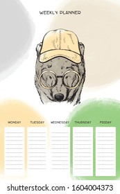 Weekly organizer with bear in hat and glasses, basis planner template universal and modern