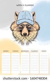 Weekly organizer with cute fox in hat and glasses, basis planner template universal and modern