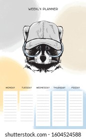 Weekly organizer with cute raccoon in hat, basis planner template universal and modern