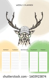 Weekly organizer with deer in hat and glasses, basis planner template universal and modern