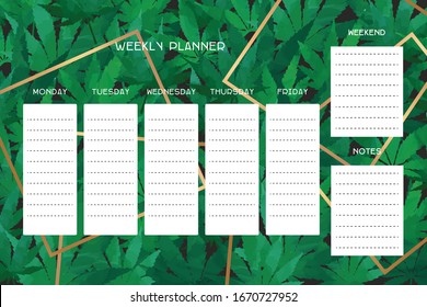 Weekly organizer with fresh green cannabis leaves, basis planner template universal