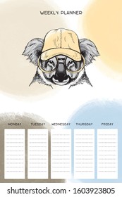 Weekly organizer with koala in hat and glasses, basis planner template universal and modern