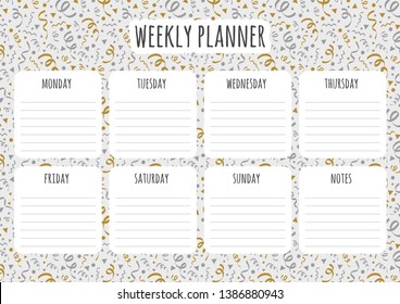 Weekly organizer - planner with cute confetti. Vector