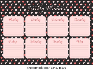 Weekly organizer - planner with cute hearts. Vector