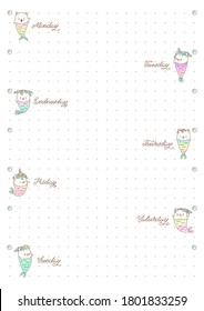 Weekly organizer. Weekly planner with cute illustrations of little cat mermaids. Kawaii school accessory. Vector 10 ESP.