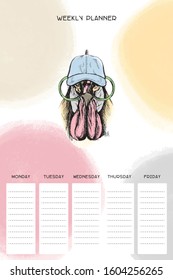 Weekly organizer with rooster in hat and glasses, basis planner template universal and modern