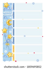 Weekly page. Planning. Month, balloon. Vector bright yellow balloons stars with Bow in the sky.