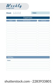 Weekly personal monthly budget planner, vector illustration
