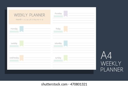 Weekly personal planner with water tracker. Blank form. Format A4