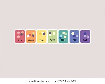 Weekly pill box for capsules, tablets, medicine. Medicine organizer with colorful containers. Daily use. Medicine organizer intake concept in a flat style. Vector illustration.