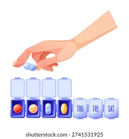 A weekly pillbox for pills and medications, a human hand holding, sorting, and distributing pills. A plastic pill organizer box, top view.