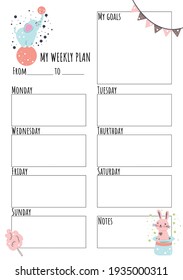 weekly plan with children's illustration circus elephant and rabbit