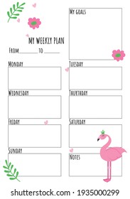 weekly plan with children's illustration of flamingos