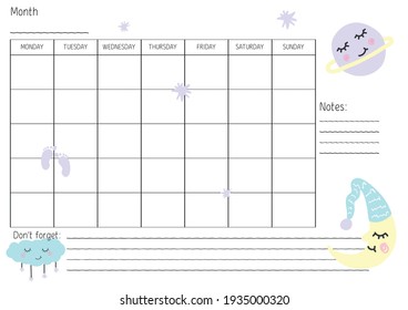 weekly plan with children's illustration of the moon and the planet