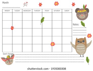 weekly plan with children's illustration owl and bear