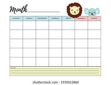 A weekly plan with a cute children's illustration of a lion and a koala