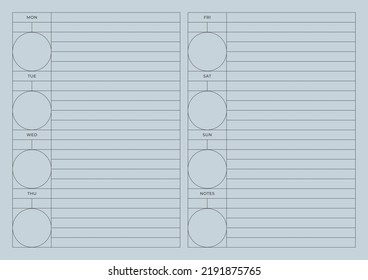A weekly plan design template in a modern, simple, and minimalist style. Note, scheduler, diary, calendar, planner document template illustration.