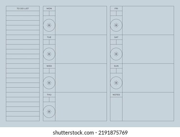 A weekly plan design template in a modern, simple, and minimalist style. Note, scheduler, diary, calendar, planner document template illustration.