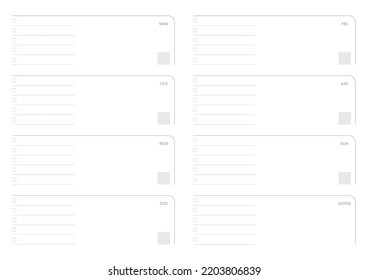 A weekly plan design template in a modern, simple, and minimalist style. Note, scheduler, diary, calendar, planner document template illustration.