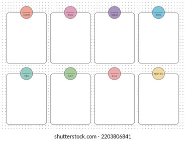 A weekly plan design template in a modern, simple, and minimalist style. Note, scheduler, diary, calendar, planner document template illustration.