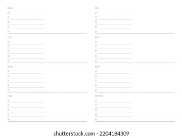 A weekly plan design template in a modern, simple, and minimalist style. Note, scheduler, diary, calendar, planner document template illustration.