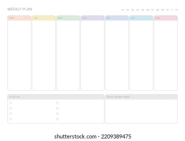 Una plantilla de diseño semanal de un estilo moderno, sencillo y minimalista. Ilustración de plantilla de documento de planificador, de notas, de programadores, de diarios, de calendarios y de planificadores.