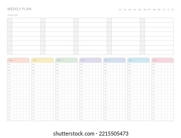 A weekly plan design template in a modern, simple, and minimalist style. Note, scheduler, diary, calendar, planner document template illustration.
