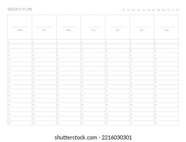 A weekly plan design template in a modern, simple, and minimalist style. Note, scheduler, diary, calendar, planner document template illustration.